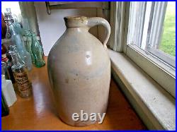 1870s SALT GLAZE 1 GALLON STONEWARE JUG WITH LITTLE COBALT FLOWER NICE