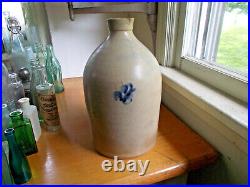 1870s SALT GLAZE 1 GALLON STONEWARE JUG WITH LITTLE COBALT FLOWER NICE