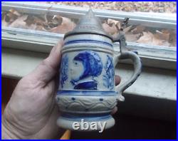 1880s BLUE & GRAY SALT GLAZE STONEWARE WHITE'S UTICA POTTERY BOY & GIRL STEIN