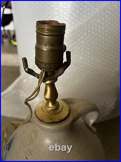 1980's Rowe Pottery Works Stoneware Cobalt Bird Crock Jar Electric Lamp