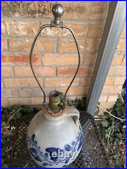 1987 Rowe Pottery Works Stoneware Cobalt 1 1/2 Crock Jar Electric Lamp