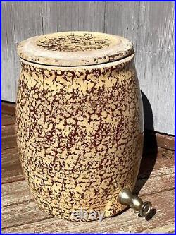 19thC Antique Primitive Stoneware Beverage Water Cooler Crock Yellow Spatterware