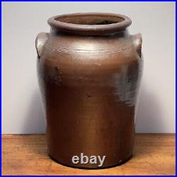 19th C. Brown Crock Ear Handles 13tall Salt Glazed Stoneware Early American Pot