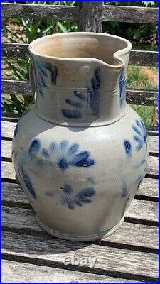 19th C. Large Cobalt Decorated Stoneware Pitcher Attributed Baltimore Mint AAFA