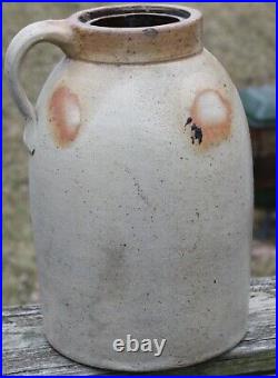 19th C salt glaze beige jug jar withhandle brown burnt orange stoneware pottery