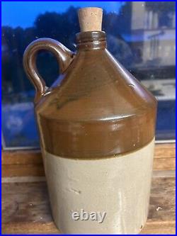 19th Century 11 Inch Split Cast Cork Top Tan Stoneware Jug Antique