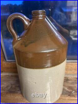 19th Century 11 Inch Split Cast Cork Top Tan Stoneware Jug Antique