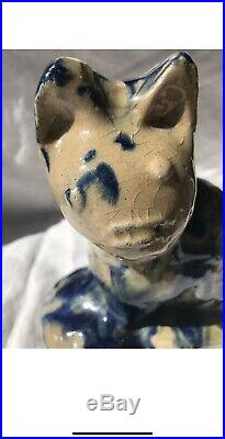 19th Century American Antique Stoneware Primitive Cat Cobalt Blue Drip Glaze