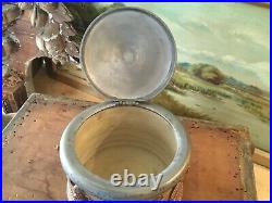 19th Century French Salt Glazed Stoneware Pottery Tobacco Smokers Jar Pewter Lid