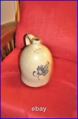19th c. WEST TROY NY POTTERY STONEWARE 2 gallon jug COBALT FLOWER nice condition