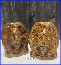 2 Antique 19thC Pottery Glazed Stoneware Lion Window Stops Rockingham Brown