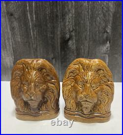 2 Antique 19thC Pottery Glazed Stoneware Lion Window Stops Rockingham Brown