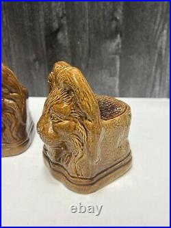 2 Antique 19thC Pottery Glazed Stoneware Lion Window Stops Rockingham Brown