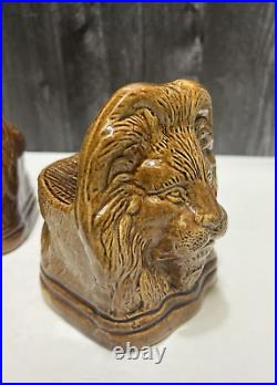 2 Antique 19thC Pottery Glazed Stoneware Lion Window Stops Rockingham Brown