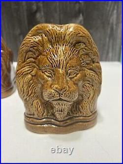 2 Antique 19thC Pottery Glazed Stoneware Lion Window Stops Rockingham Brown