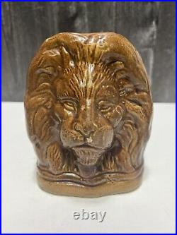 2 Antique 19thC Pottery Glazed Stoneware Lion Window Stops Rockingham Brown