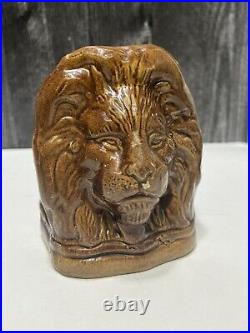 2 Antique 19thC Pottery Glazed Stoneware Lion Window Stops Rockingham Brown