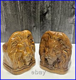 2 Antique 19thC Pottery Glazed Stoneware Lion Window Stops Rockingham Brown