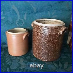 2 Antique French Stoneware Earthenware Crock Jar Brown Confit Pot Canisters 85