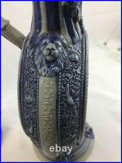 2 Antique Westerwald German ROUND RING JUG stoneware blue grey salt glazed 14