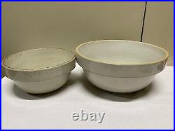 2 Primitive Country Stoneware Pottery Mixing Batter Serving Wide Rim Bowls