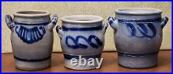 3 Antique Westerwald German Salt Glazed Crocks Blue Cobalt Design