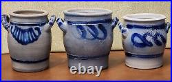 3 Antique Westerwald German Salt Glazed Crocks Blue Cobalt Design