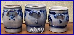 3 Antique Westerwald German Salt Glazed Crocks Blue Cobalt Design