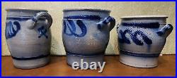 3 Antique Westerwald German Salt Glazed Crocks Blue Cobalt Design