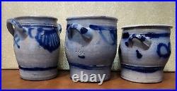 3 Antique Westerwald German Salt Glazed Crocks Blue Cobalt Design