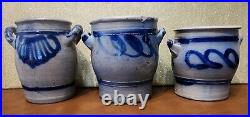 3 Antique Westerwald German Salt Glazed Crocks Blue Cobalt Design