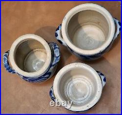 3 Antique Westerwald German Salt Glazed Crocks Blue Cobalt Design