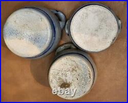 3 Antique Westerwald German Salt Glazed Crocks Blue Cobalt Design