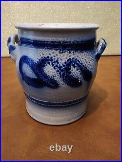 3 Antique Westerwald German Salt Glazed Crocks Blue Cobalt Design