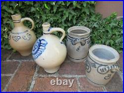 4 x Antique Westerwald Salt Glaze Ceramic Stoneware w Blue Designs around1860