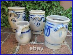 4 x Antique Westerwald Salt Glaze Ceramic Stoneware w Blue Designs around1880