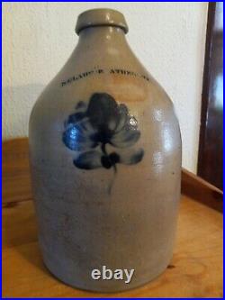 ANTIQUE 1800's N. CLARK JR. ATHENS NEW YORK Flower Design STONEWARE JUG