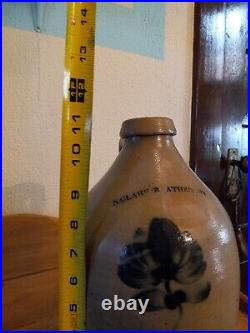 ANTIQUE 1800's N. CLARK JR. ATHENS NEW YORK Flower Design STONEWARE JUG