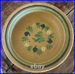 ANTIQUE 1800s SLIP WARE BAND FLORAL YELLOWWARE 11 SHALLOW BOWL STONEWARE 4