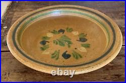 ANTIQUE 1800s SLIP WARE BAND FLORAL YELLOWWARE 11 SHALLOW BOWL STONEWARE 4