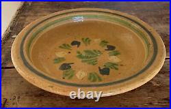 ANTIQUE 1800s SLIP WARE BAND FLORAL YELLOWWARE 11 SHALLOW BOWL STONEWARE 4