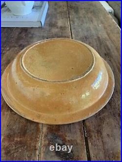 ANTIQUE 1800s SLIP WARE BAND FLORAL YELLOWWARE 11 SHALLOW BOWL STONEWARE 4