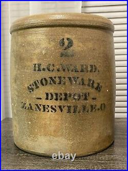 ANTIQUE 2 GALLON H. C. WARD SALT STONEWARE Depot Salt Glazed CROCK Zanesville OH