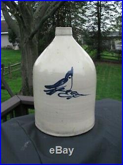 ANTIQUE BLUE DECORATED STONEWARE BIRD JUG / attr Fulper Pottery
