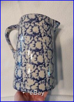 ANTIQUE BLUE STONEWARE SPONGEWARE PITCHER, Very Good Condition, 1800s