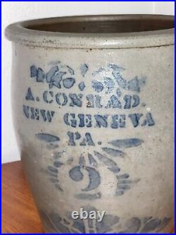 ANTIQUE Blue Decorated A. Conrad New Geneva PA. 2 Gallon Stoneware Crock