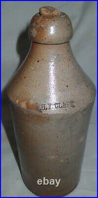 ANTIQUE CT. USA PRIMITIVE H. F. CLARK STONEWARE QT BEER BOTTLE with CORK CROCK JUG