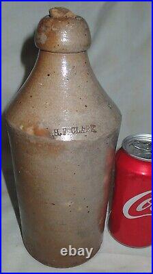 ANTIQUE CT. USA PRIMITIVE H. F. CLARK STONEWARE QT BEER BOTTLE with CORK CROCK JUG