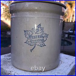ANTIQUE MONMOUTH, ILL WESTERN STONEWARE #2 GALLON CROCK MAPLE LEAF 10 Height