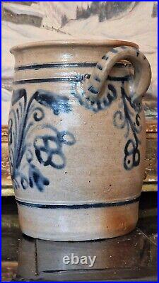 ANTIQUE STONEWARE CROCK COBALT BLUE POTTERY JAR PRIMITIVE SALT GLAZED 1800s